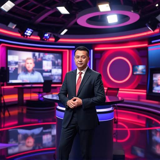 Un presentador de noticias en el set de Estudios Radiantes, utilizando tecnología de punta.