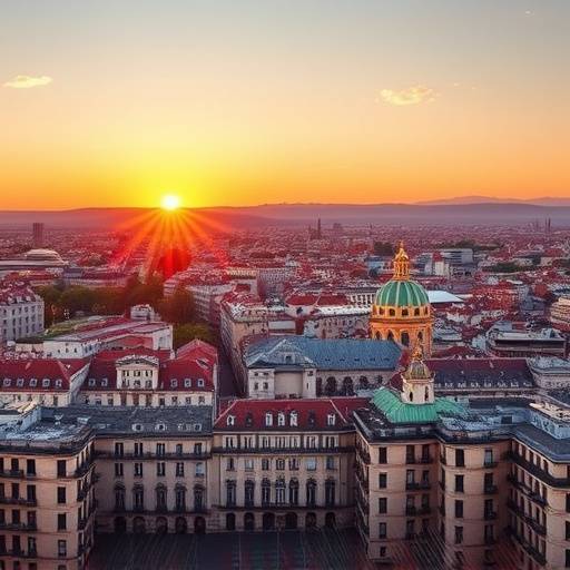 Vista panorámica de Madrid al atardecer, mostrando sus edificios emblemáticos